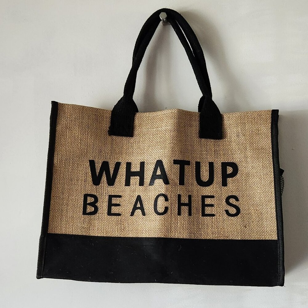 Whatup Beaches burlap tote large brown black NEW